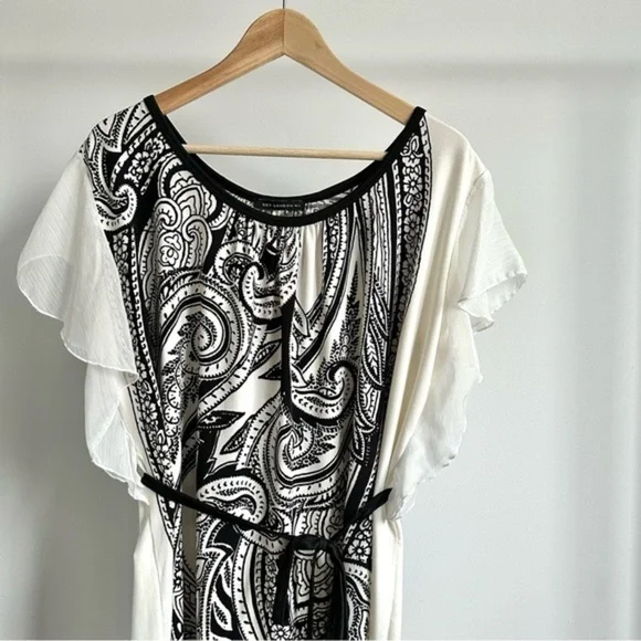 QED London Boho Tunic Top Dress White Black Paisley Flutter Ruffle Sleeves - L - Picture 3 of 14